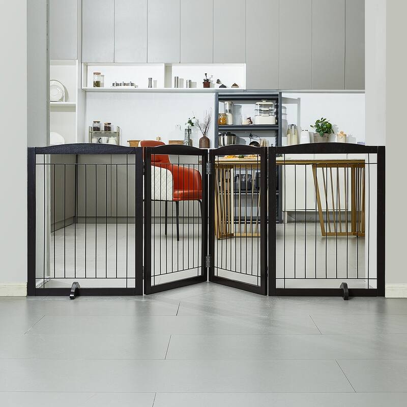 Modern 4 Panels Foldable and Expandable Freestanding Pet Gate with Footpads - 96.46 x 9.65 x 32.01 in