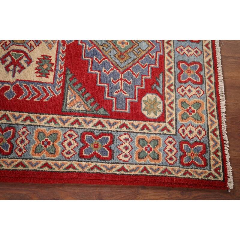 Geometric Red Kazak Accent Rug Handmade Red Wool Carpet - 2'9" x 4'1"