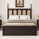 preview thumbnail 3 of 12, Mid-Century Rattan Bed Trundle Platform Bed Queen Wood Bed Frame and Twin Size Trundl with 2 Drawer Underneath, Classic Espresso