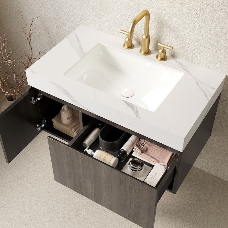 Floating Bathroom Vanity with Sintered Stone Top & Undermount Ceramic Basin with Three Pre-drilled Faucet Holes