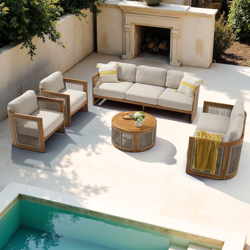 Outdoor 5-Piece Wooden Sofa Conversation Set,Free Combination - Beige
