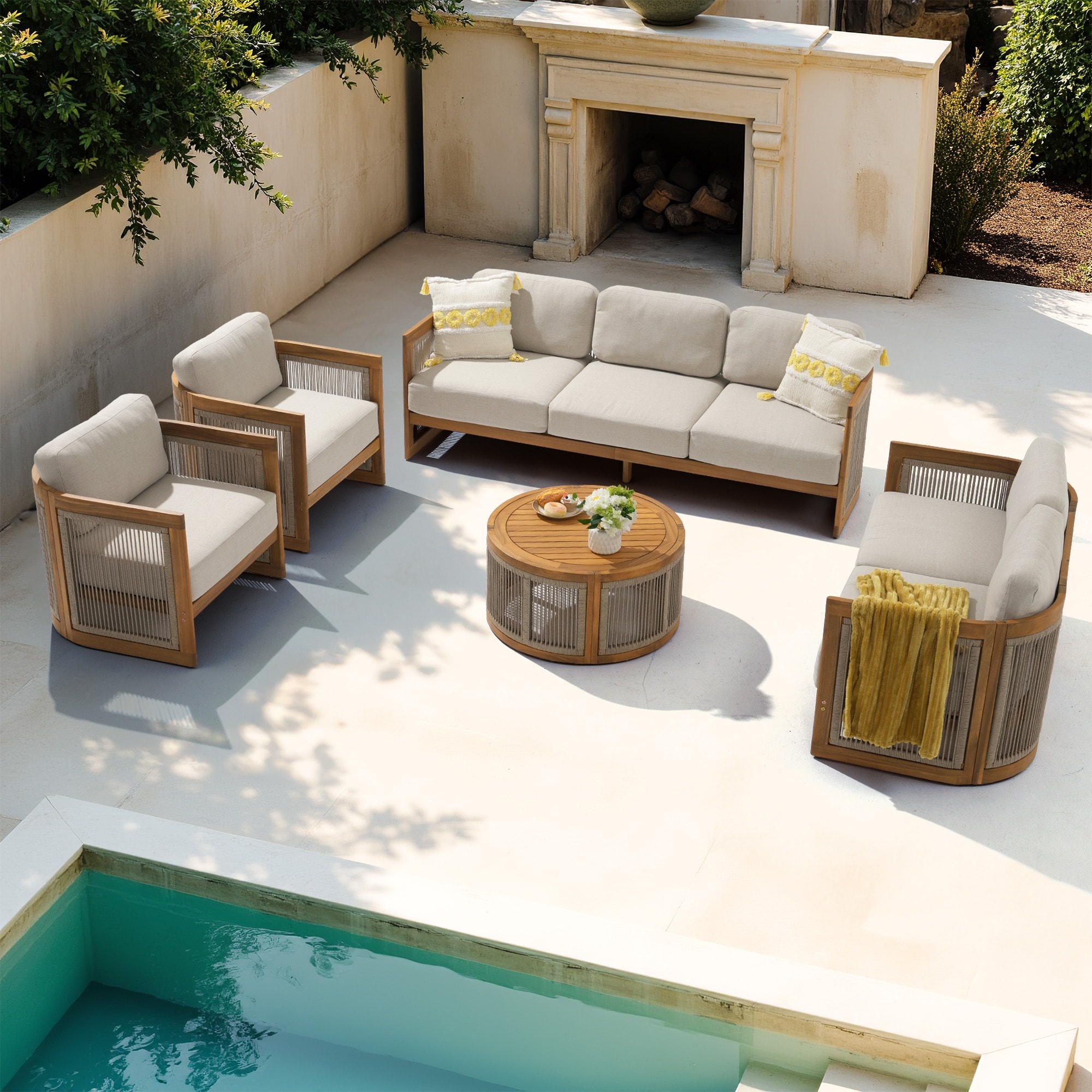Outdoor 5-Piece Wooden Sofa Conversation Set,Free Combination