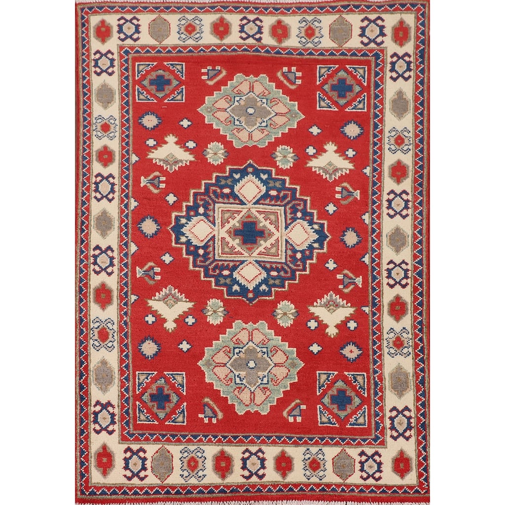 Red Geometric Kazak Foyer Rug Hand-Knotted Wool Carpet - 3'3" x 4'8"