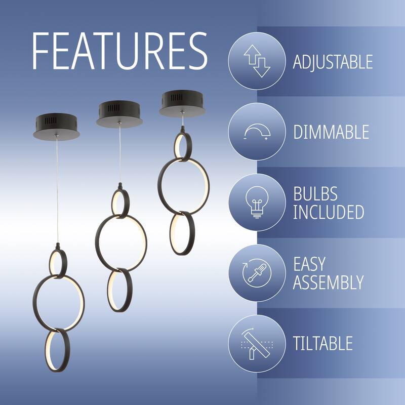 Orbit 7.75" Adjustable Integrated LED Metal Ring Pendant, Black by JONATHAN Y