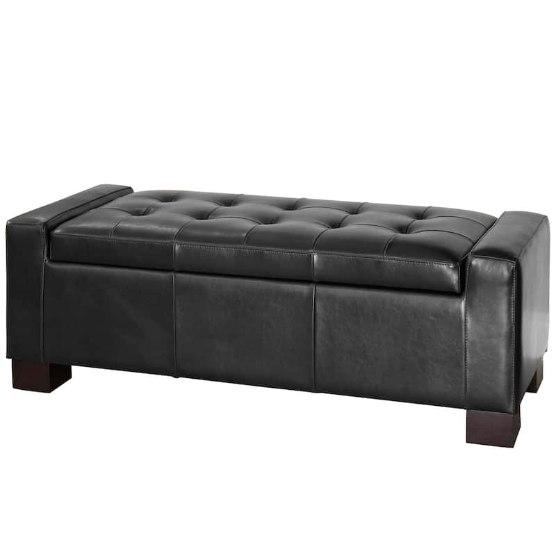 Roomfitters Tufted Faux Leather Storage Ottoman Bench with Armrests, Entryway or Bedroom Seat - Black