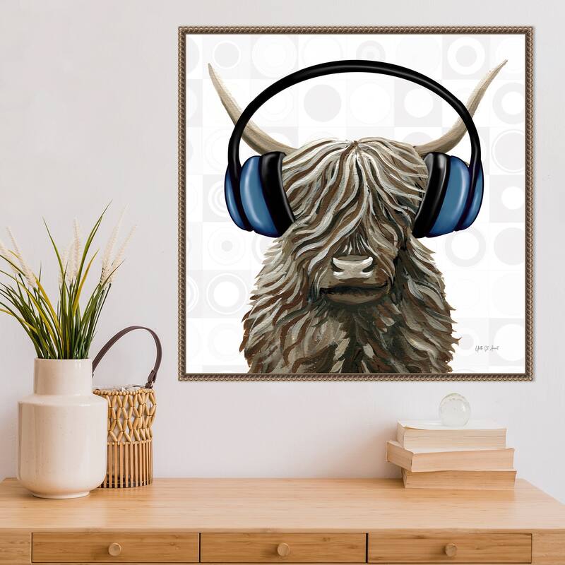 Music Cow Blue Crop by Yvette St. Amant Framed Canvas Wall Art Print - Sylvie Beaded Bronze