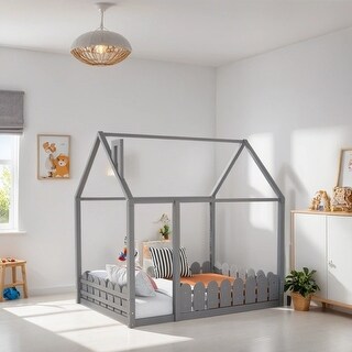 Playhouse Design Full Size Wood Bed Kids Bed House Bed Frame with Fence ...