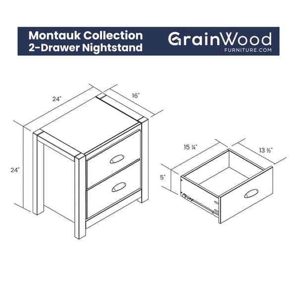 dimension image slide 3 of 2, Montauk Solid Wood 2-drawer Nightstand