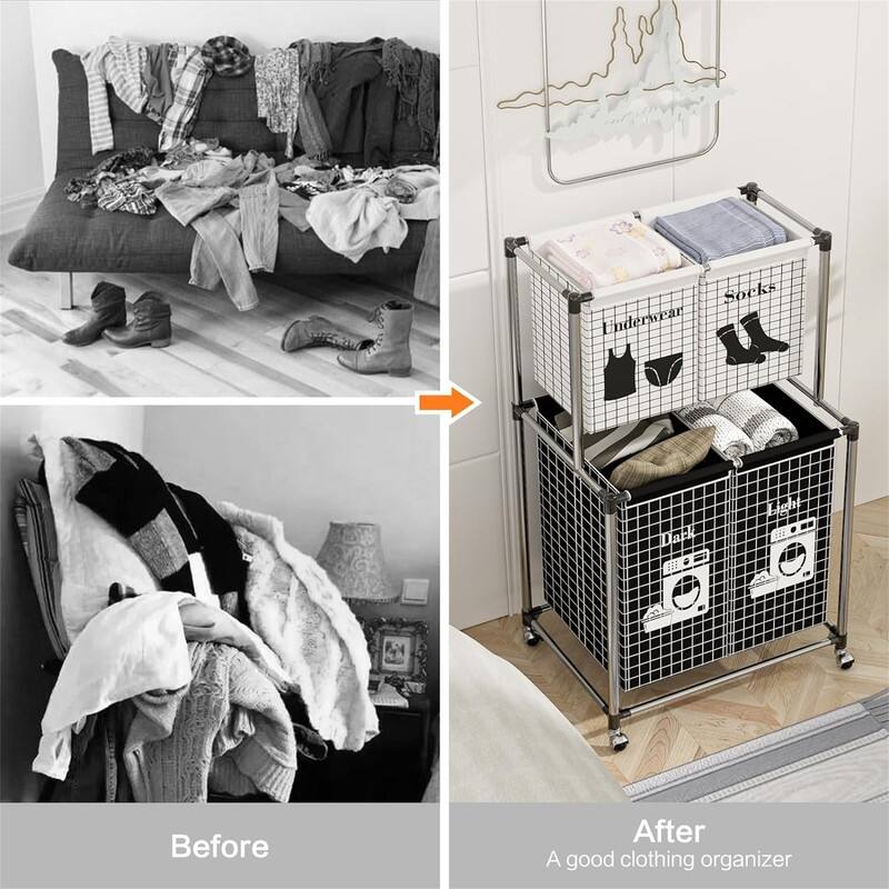 4 Sections Laundry Hamper with Lockable Wheels - 22.01"L x 16.53"W x 39.37"H