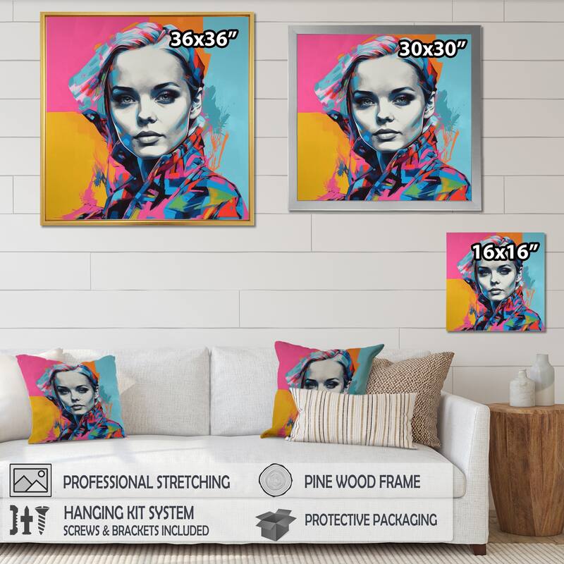 Designart "Retro Pop Art Portrait Of Beautiful Young Woman" Woman Pop Art Framed Canvas Wall Art
