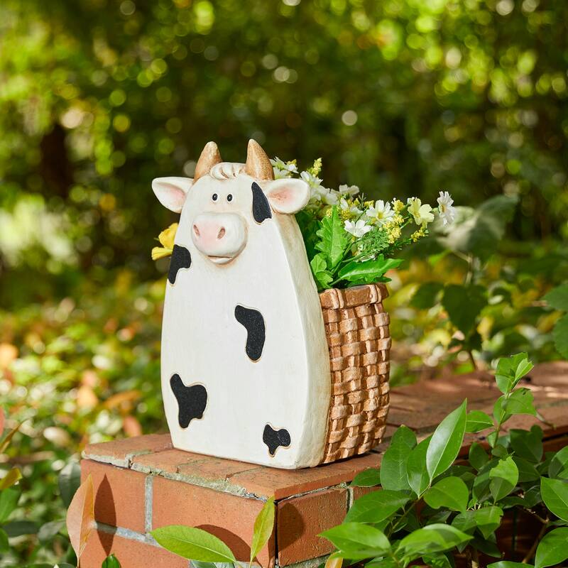 Glitzhome Set of 2 MGO Cute Sheep & Cow Statue Planter