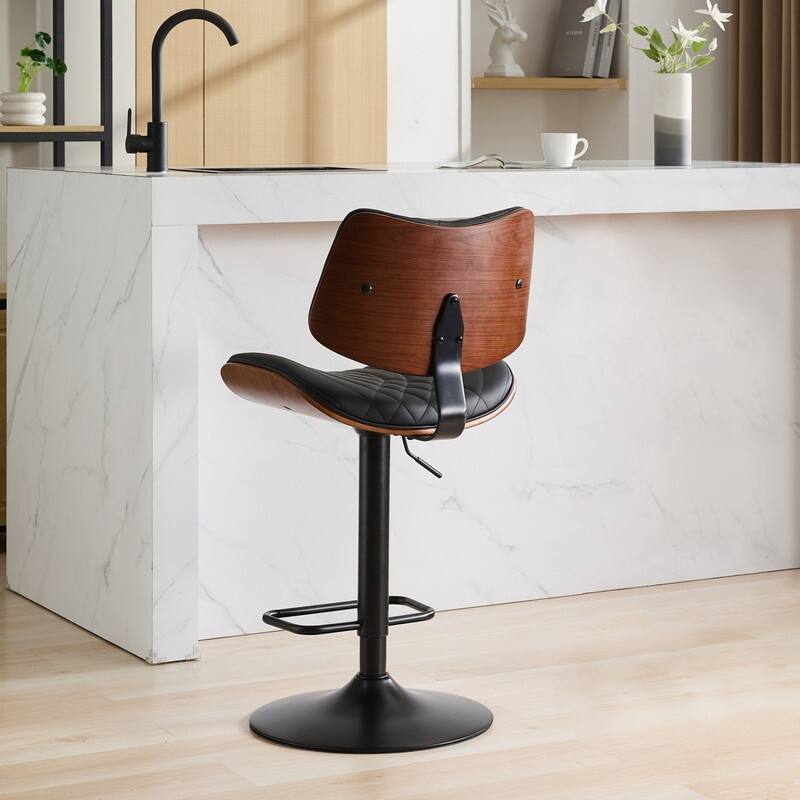 Mid-Century Modern Swivel Bar Stool - Walnut Finish & Faux Leather, Adjustable Counter Height
