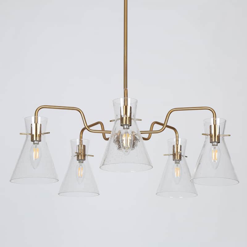 Liniya Modern Glam 5-Light Electroplated Brass Chandelier Seeded Glass Wheel Dining Room Pendant Light