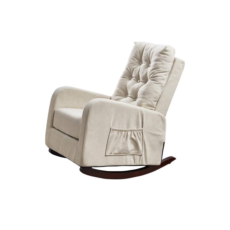 Beige Adjustable Reclining Sofa Chair with Solid Wood Legs, High Back Support, and Side Pockets for Relaxation
