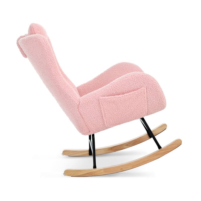 Polyester Glider Chair with Adjustable Headrest and Storage Pocket, Rubber Wood Base