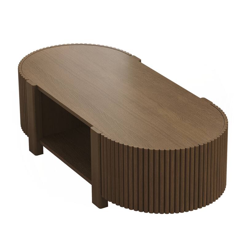 Oval Fluted Coffee Table with Storage for Living Room