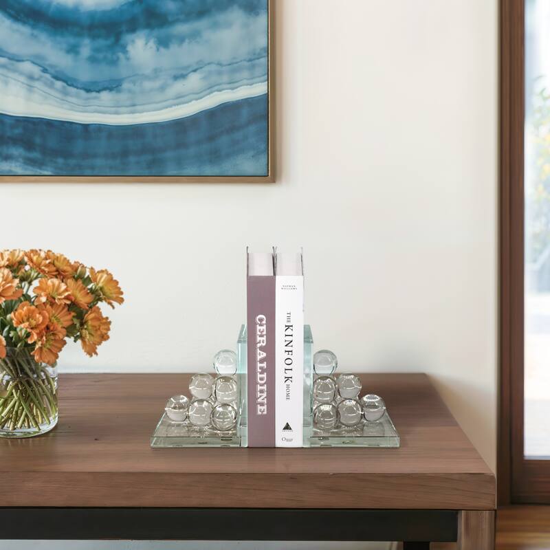 Sagebrook Home Modern Glass Crystal Bookends with Spherical Accents Glass Crystal - 5" x 5" x 6"