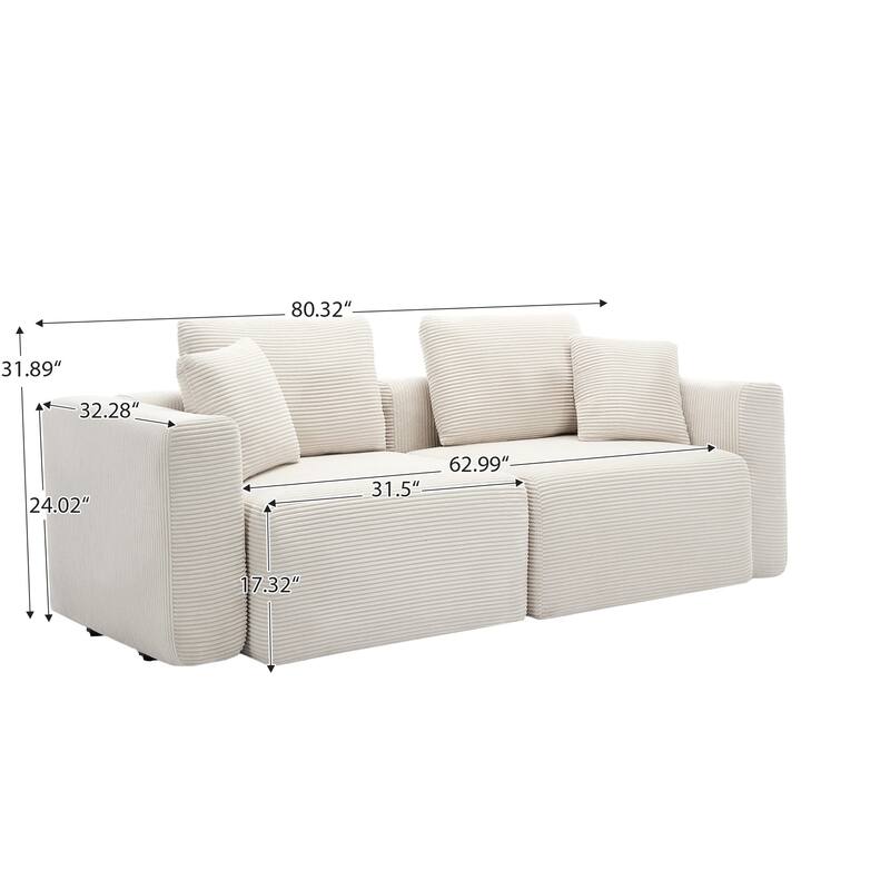 Corduroy Sectional Modular Sofa with Square Arms & Ottoman Extension for Flexible Arrangements