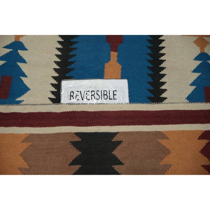 Hand Woven Oriental 100% Wool Carpet Southwestern Tribal Beige & Ivories Kilim Area Rug - 12' 3'' X 5' 5''