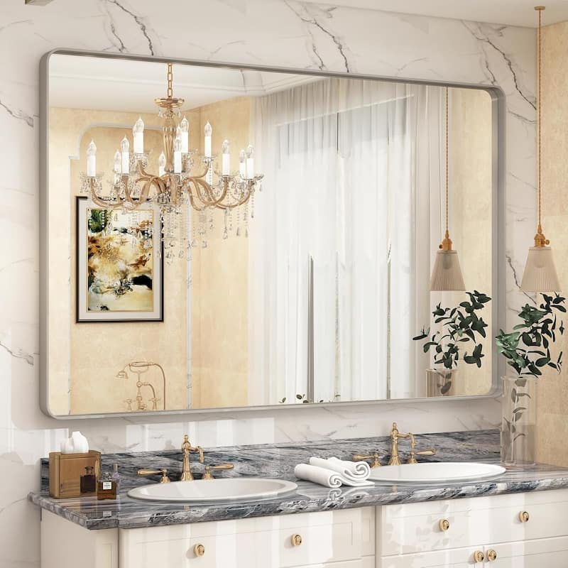 Aluminum Alloy Framed French Cleat Mounted Tempered Glass Wall Vanity Mirror - Silver - 60" x 40"
