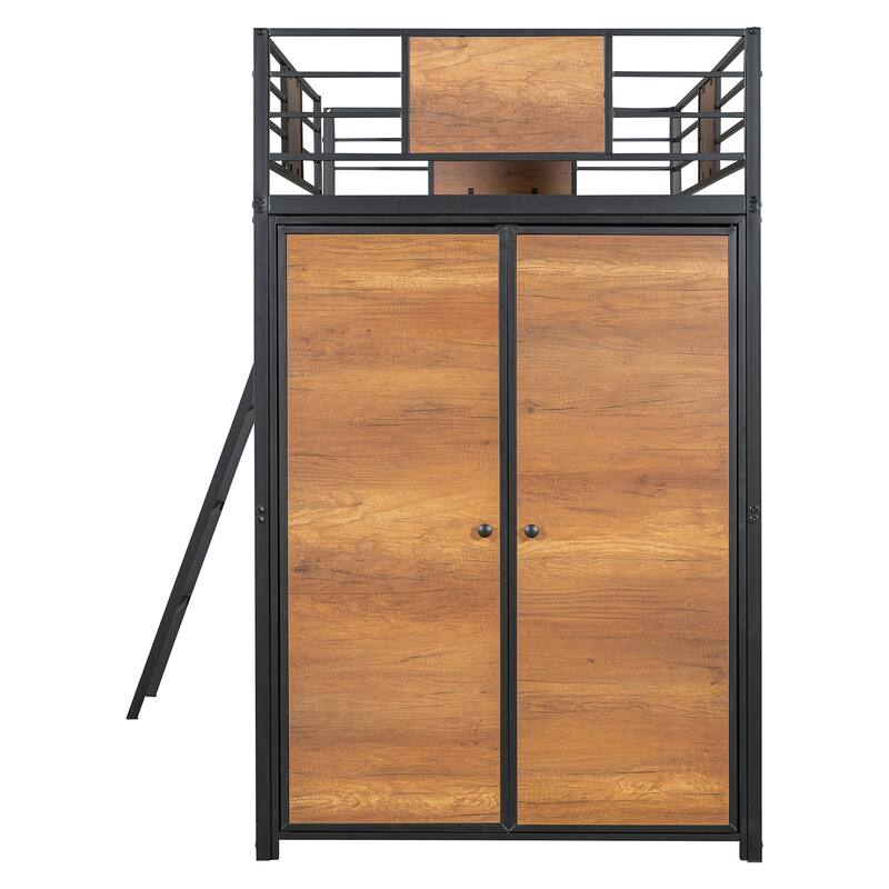 Modern Twin Loft Bed with Built-In L-Shape Desk and Large Wardrobe, Ideal for Compact Spaces