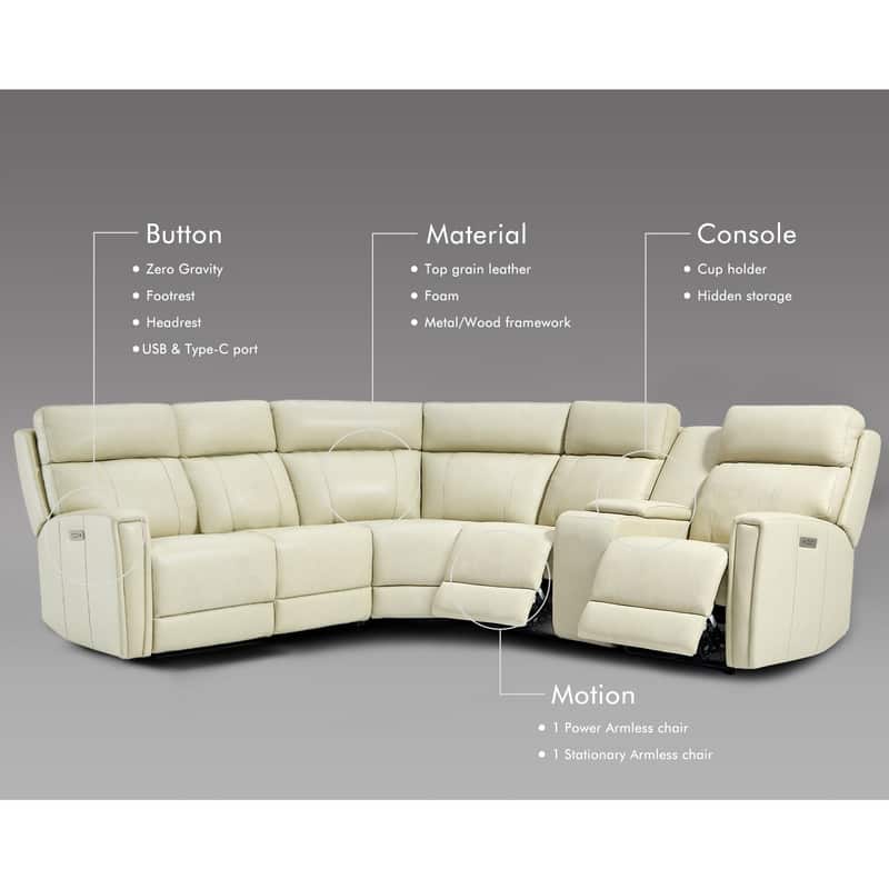 116" W L-Shaped Genuine Leather Power Reclining Sectional Sofa with Console, Ajustable Headrest, USB PortS, 1 Power Armlesschair