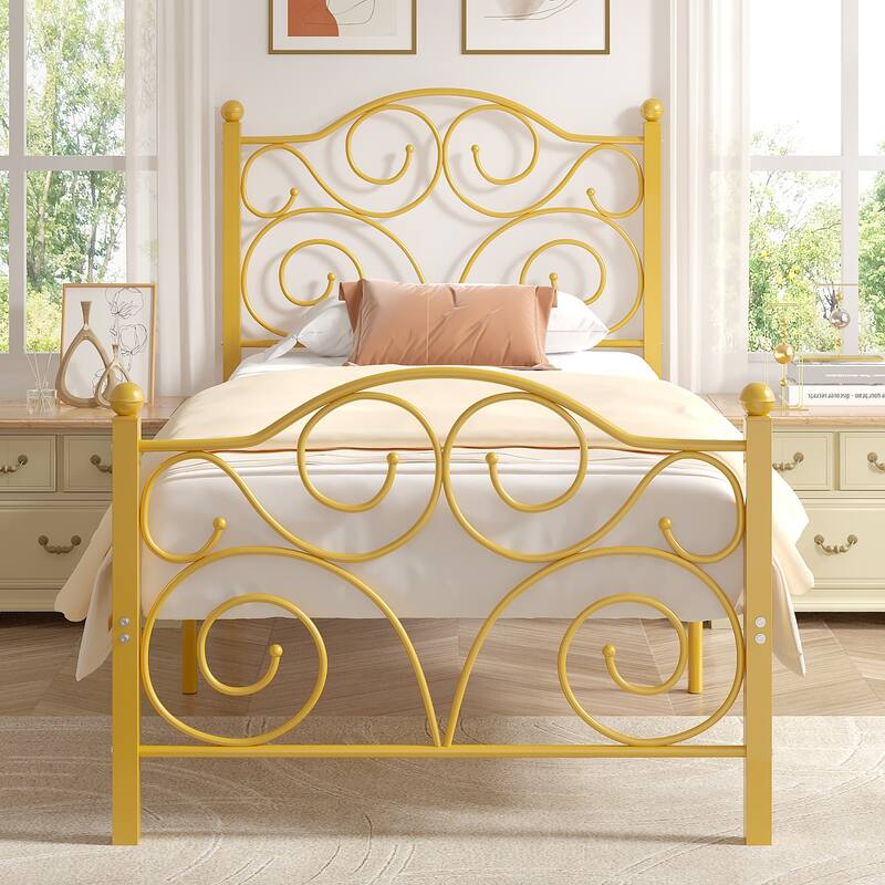 Victorian Style Metal Bed Frames with Headboard,No Box Spring Needed - Gold - Twin