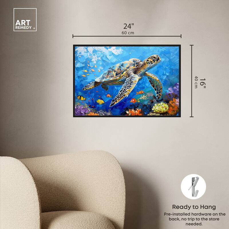 Art Remedy Turtle Swimming Framed Colorful Coastal 1 Piece Canvas Wall Art