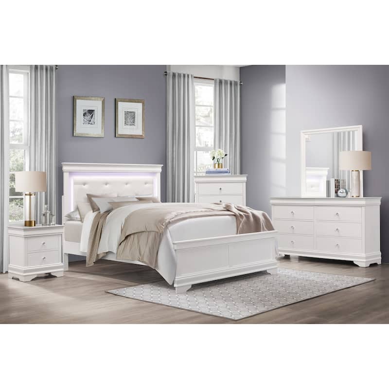 LED Upholstered Bed White Finish Glam Style