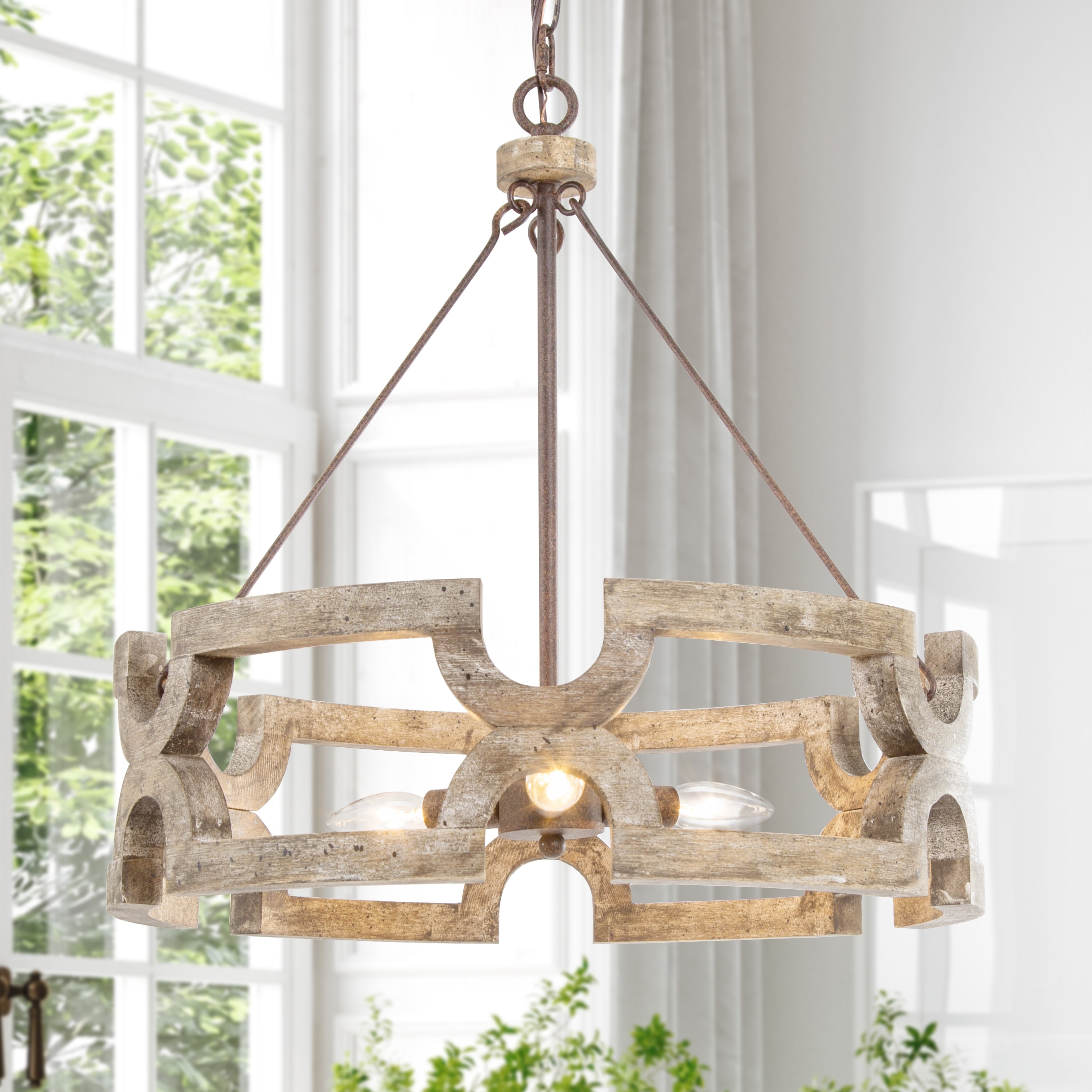 Farmhouse 3 Light Wood Drum Chandelier for Dining Room Bedroom W19.5 xH21