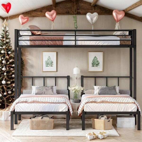 slide 2 of 12, Black Metal Detachable Triple Bunk Beds for 3, Twin/Twin/Twin size Black