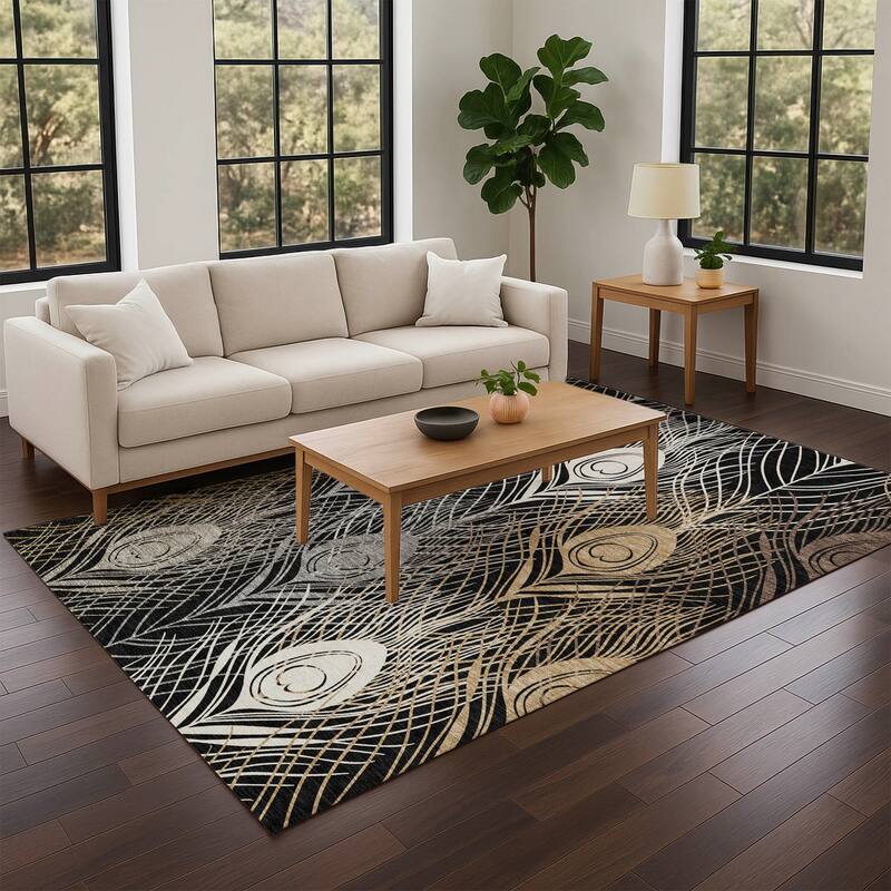 Machine Washable Indoor/ Outdoor Modern Peacock Chantille Rug