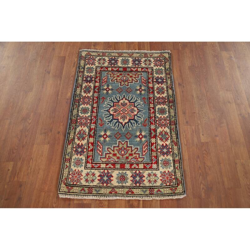 Light Blue Kazak Accent Rug Handmade Geometric Wool Carpet - 2'0" x 3'2"