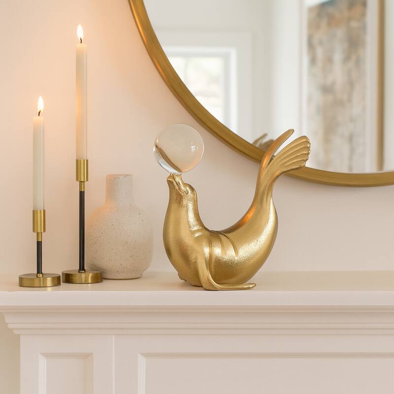 Metal Sea Lion Figurine with Acrylic Ball - Gold - 7" x 5" x 7"