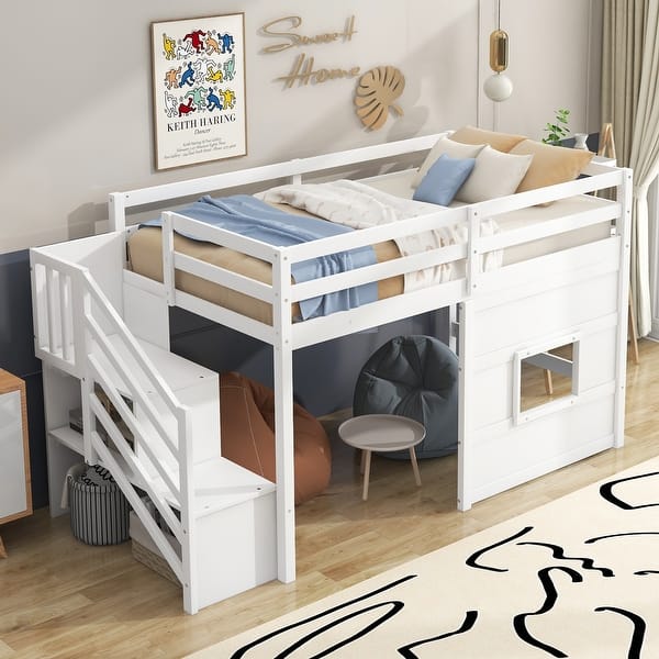 slide 2 of 16, Twin Size Loft Bed with Storage Staircase and Underbed Window White