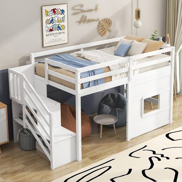 slide 2 of 18, Twin Size Low Loft Bed with Storage Staircase & Window, Wooden Twin Loft Bed Frame for Kids, Teens, Boys, Girls White - Twin