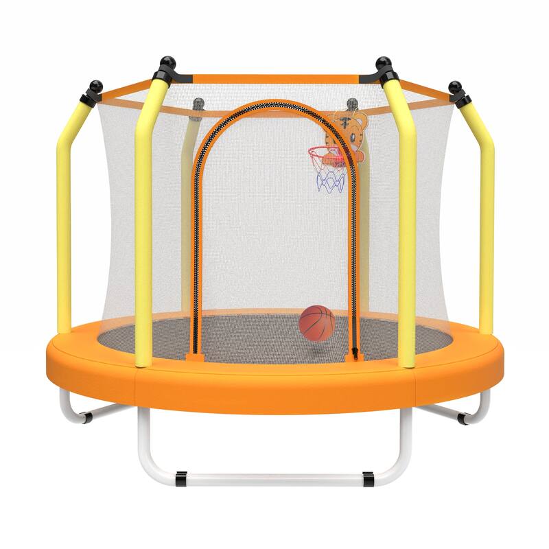 55-inch Trampoline for Kids Indoor & Outdoor Small Toddler Trampoline with Basketball Hoop - Yellow