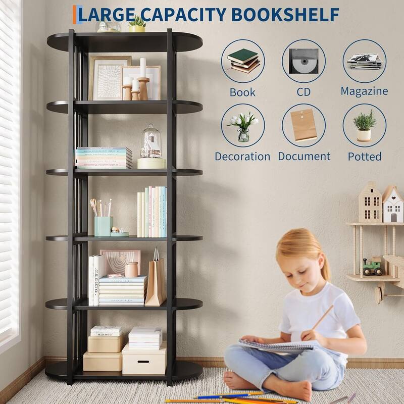 6 Tier 71" Freestanding Open Storage Industrial Bookshelf, Bookcase for Bedroom, Living Room