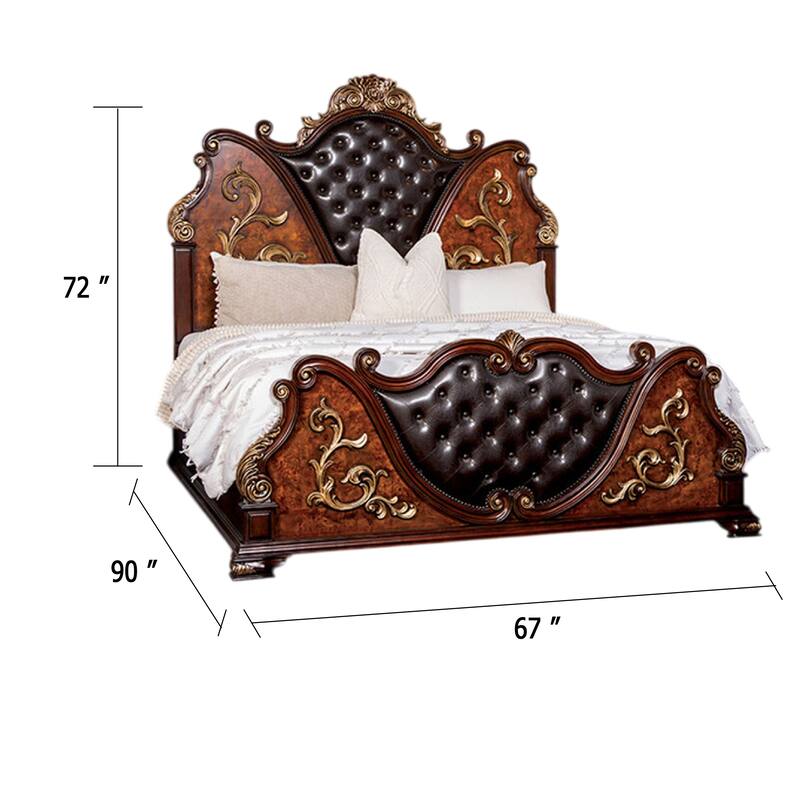 Iliana Queen Bed, Dark Cherry Brown, Black Faux Leather, Gold Carvings