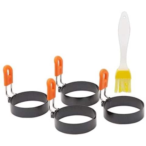 Stainless Steel Egg Mould Ring with Anti-scald Handle and Oil Brush (3 In, 5 Pieces)