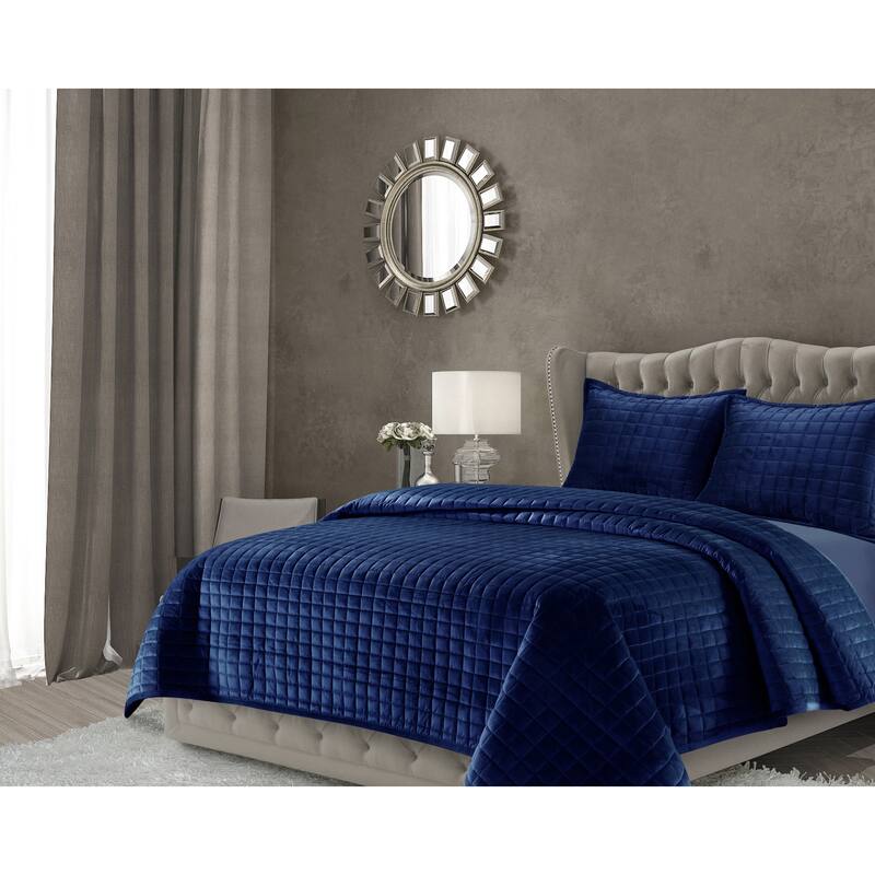 Florence Velvet Oversized Solid Quilt Set - Navy blue - Twin
