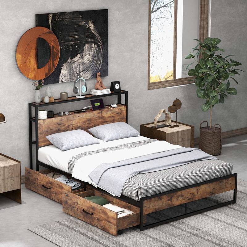 Costway Full/Queen Industrial Platform Bed Frame with Drawer Storage - Full