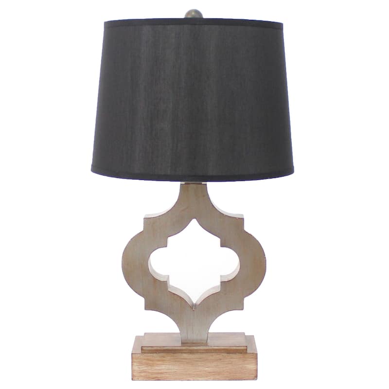 Wooden Table Lamp Set of 2 with Quatrefoil Design Base, Black and Antique White