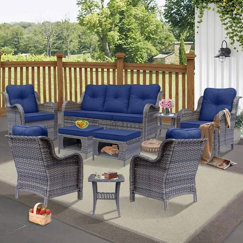 Gray Rattan Wicker High Back Outdoor Patio Furniture Sofa Seating Set