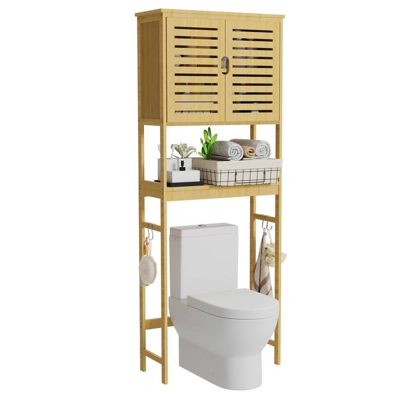 Over The Toilet Storage Bamboo Toilet Rack With Open Shelf and Cabinet