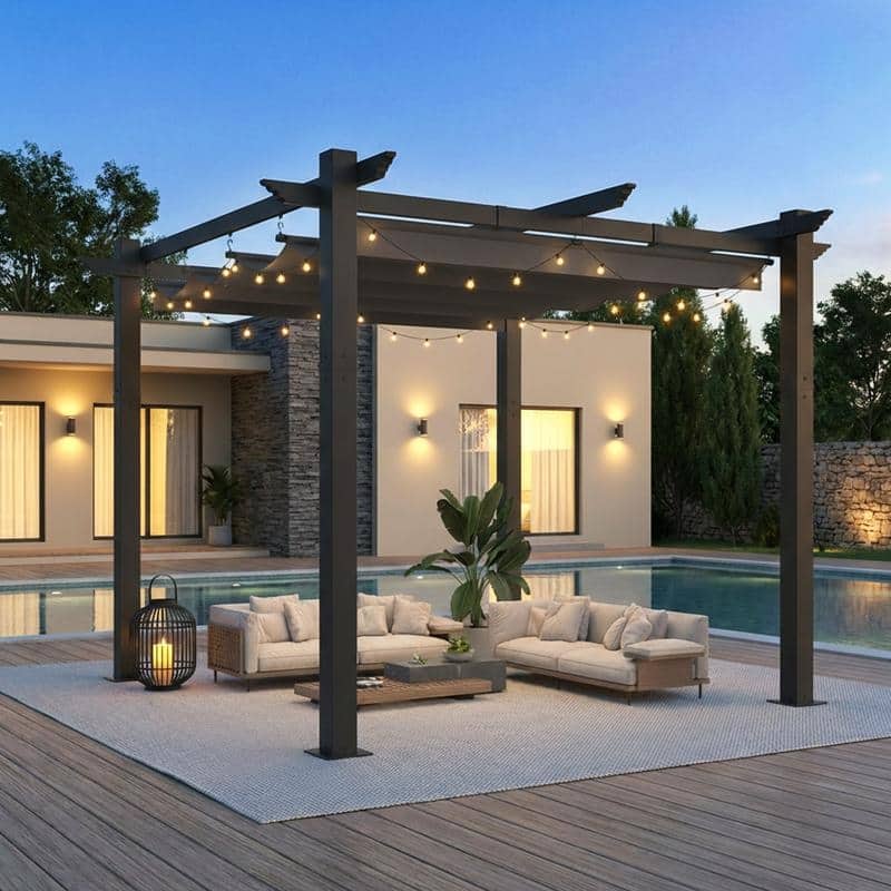 EROMMY 10' x 13' Outdoor Pergola with Retractable Canopy, Heavy-Duty Metal Frame and Adjustable Patio Shade Roof - 10'x10' - Grey