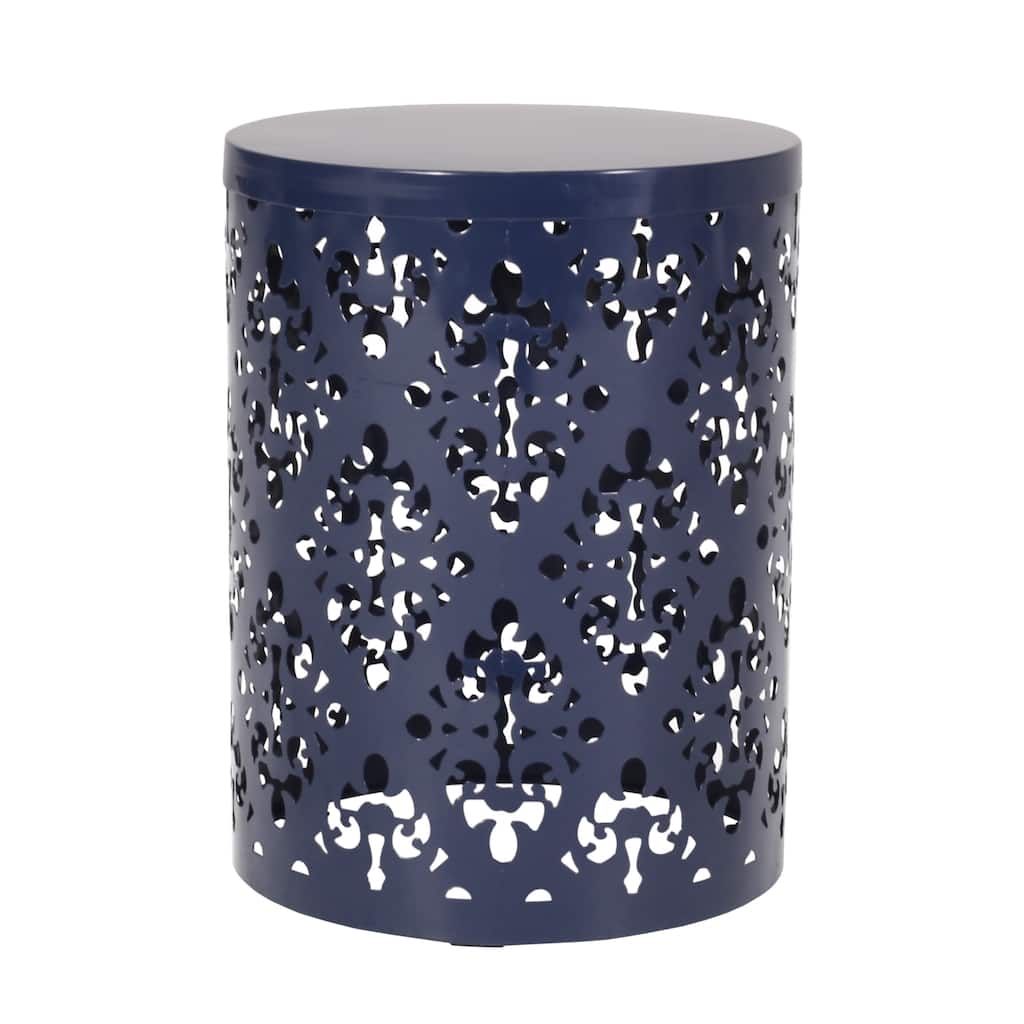 Kemo Outdoor End Table, Round 14 Inch, Cutout Design, Navy Blue