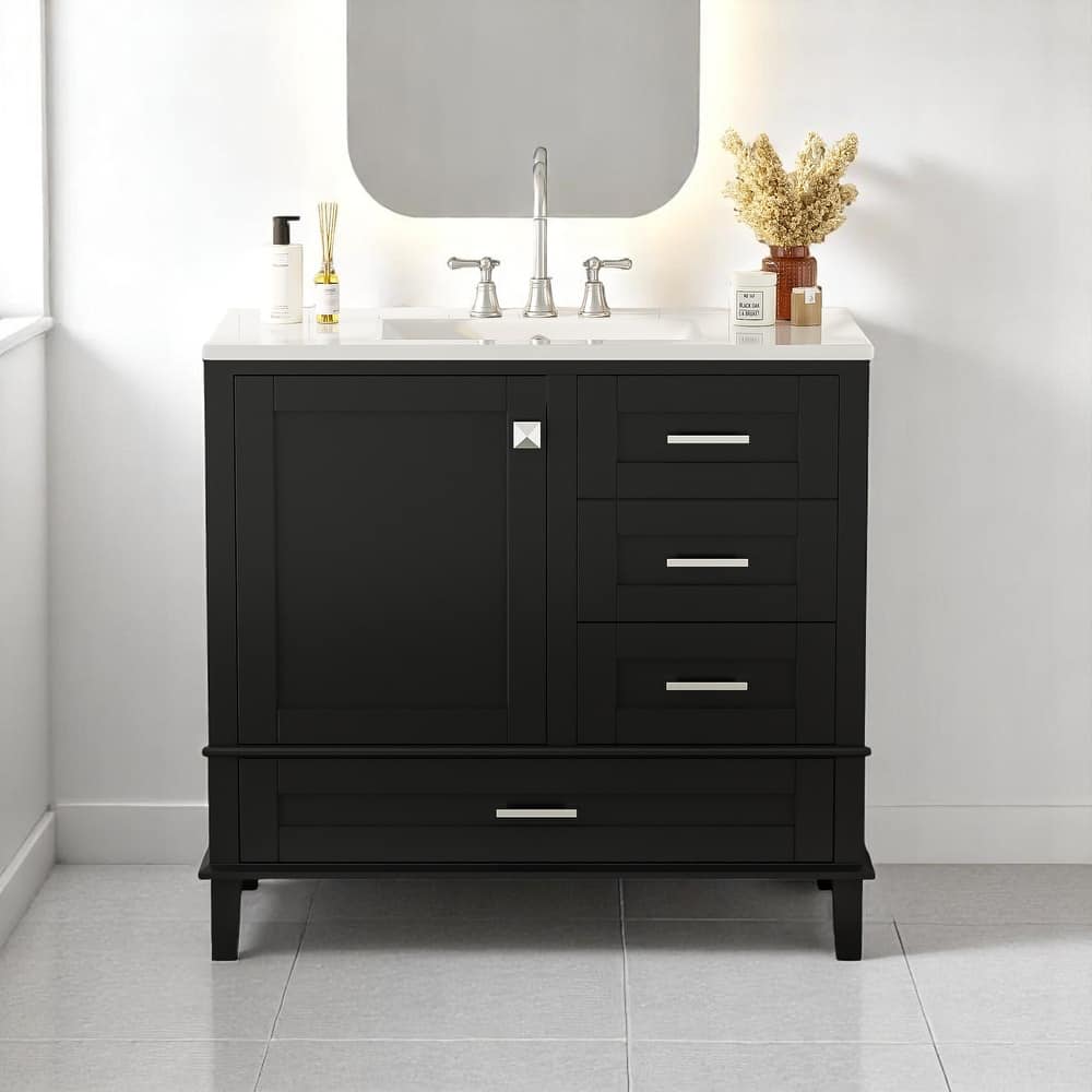 36" Bathroom Vanity with Ceramic Sink, Solid Pine Frame, Soft-Close Door & 3 Drawers - Modern Freestanding Cabinet