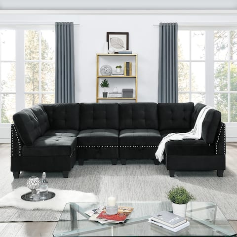 U-Shape Sectional Velvet Sofa with Storage & Includes Four Single Chair and Two Corner