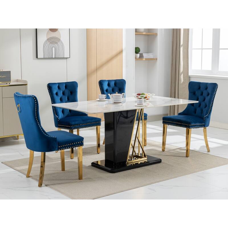 Set of 2 Velvet Dining Chairs with Nailhead Trim and Gold-Plated Legs